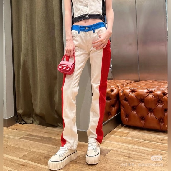 Diesel Red Cream & Blue Colorblock Jeans